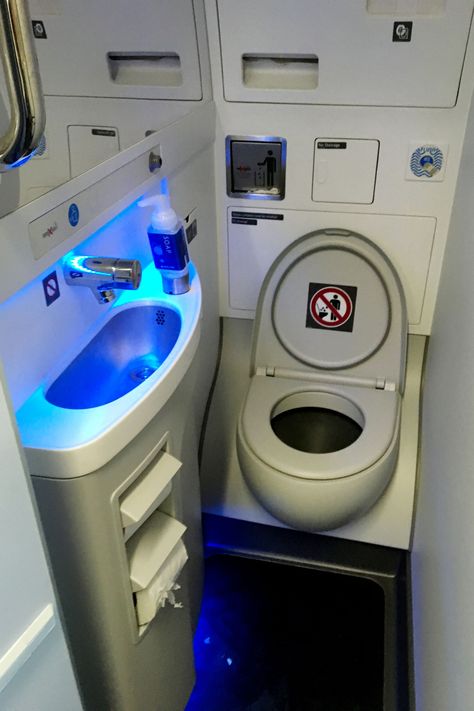 A lavatory on an Airbus A220 demonstrator aircraft.. Airplane Toilet, Airplane Bathroom, Train Bathroom, Aqua Room, Small Bathroom Plans, Hidden Spaces, Aircraft Interiors, Shed To Tiny House, House Shed