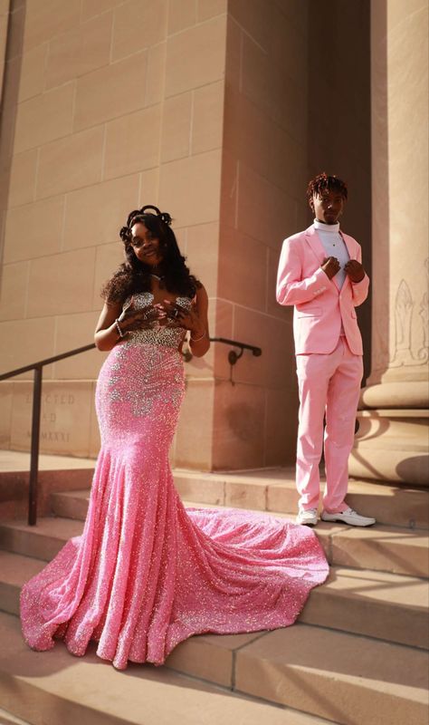 Matching Pink Prom Outfits, Pink And Black Prom, Pink Prom Dresses Couple, Black And Pink Prom Couple, Pink Prom Theme Couple, Pink Prom Dresses With Date, Hot Pink Prom Dress Couple, Pink Prom Couple Outfit, Prom Colors For Couples Black