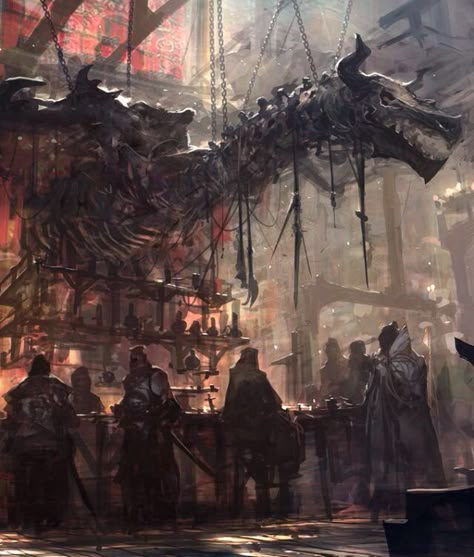 Fantasy Bazaar Concept Art, Fantasy City Modern, Feng Zhu, Steampunk City, Dragon Bones, Dragon City, Landscape Concept, Fantasy City, Fantasy Setting