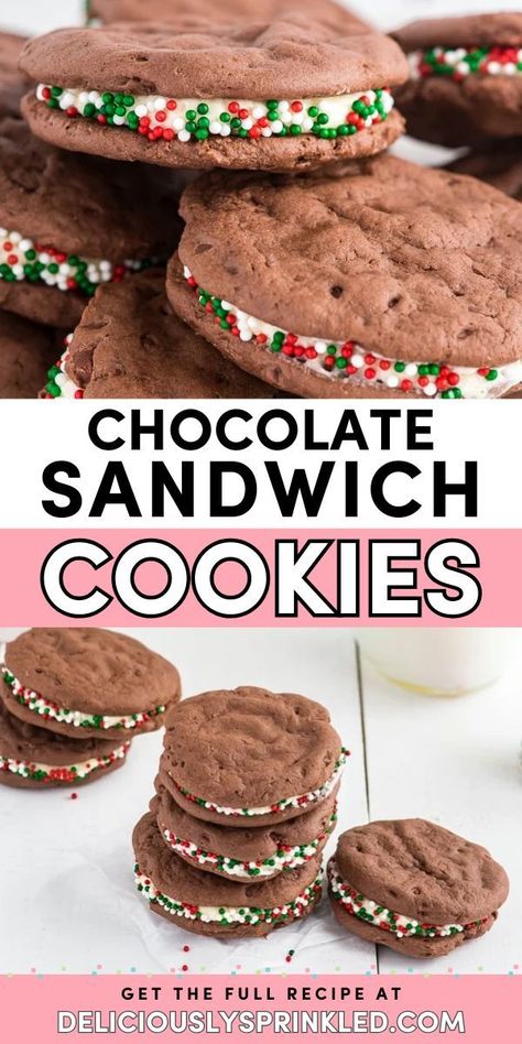 A must-try holiday baking recipe! You'll love these Chocolate Sandwich Cookies. Soft with a fluffy buttercream filling, these easy Christmas cookies are so good. Don't forget the sprinkles for this Christmas dessert idea! Easy To Make Treats, Sweet Buttercream Frosting, Fluffy Buttercream, Easy Holiday Baking, Sandwich Cookies Filling, Favorite Christmas Desserts, Best Christmas Cookie Recipes, The Best Christmas Cookies, Recipes Using Cake Mix