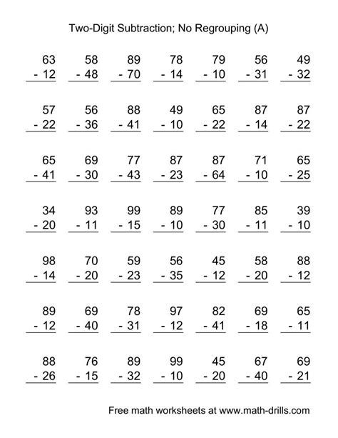 2-Digit Subtraction With No Regrouping (LP) Math Subtraction Worksheets, Easy Math Worksheets, Math Fact Worksheets, Touch Math, Subtraction With Regrouping, Math Addition Worksheets, First Grade Math Worksheets, Free Printable Math Worksheets, Math Drills