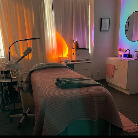 Fun Esthetician Room, Esthetician Room Lighting Ideas, Aesthetic Practitioner Room, Esthetician Room Green, Earthy Esthetics Room, Esthetician Shed, Colorful Esthetician Room, Waxing Room Ideas Estheticians, Esthetician Aesthetic Room