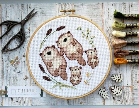 Sea Otter Cross Stitch Patterns and Kits by Little Beach Hut Family Cross Stitch, Otter Family, Animal Embroidery Patterns, Otter Gifts, Twin Baby Gifts, Beginners Sewing, Family Tree Gift, Embroidery Stitching, Easy Cross