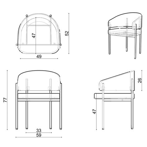 Lorenzo chair has a graphic appearance that results from the elegant, metal legs and curved back combination. It could be perfect in any commercial project or residential application. Contract Grade Made to Order - Allow 12-14 week lead timeCustomize your way by choosing both upholstery and metal color SPECSBack & Seat: Plywood + High resiliency foamBase: Powder-coated steel baseScale: 23.5"w x 21.7"d x 30"hSeat depth: 18"Seat height: 18" COVER OPTIONS Download the Kolektiff upholstery options D Chair Elevation Drawing, Study Chair Design, Dining Chair Dimensions, Furniture Details Drawing, Chair Detail, Restaurant Chair, Furniture Design Sketches, Interior Architecture Drawing, Interior Design Drawings