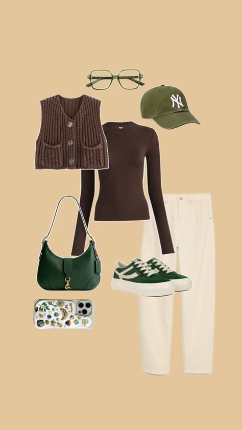 This cozy fall outfit features a brown long-sleeve top with a buttoned knit vest, paired with cream jeans for a soft contrast. Green accessories—a Yankees baseball cap, glasses, and a handbag—add a coordinated pop of color, while green and white sneakers keep it casual. An earthy-patterned phone case completes the look, perfect for an effortlessly chic autumn aesthetic. Easy Fall Fashion, Effortless Fall Outfits, Easy Fall Style, Fall Fashion Inspiration, Green Baseball Cap, Outfit Brown, Cream Jeans, Green Accessories, Outfit Collage