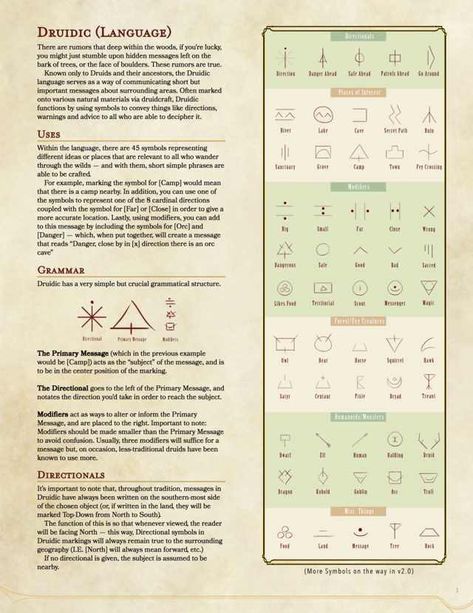 [OC] The Druidic Language: A Comprehensive Guide To Druidic Markings and Symbols (5 Pages) - Imgur Druidic Language, Dnd Languages, Druid Symbols, Dungeons And Dragons Rules, Dnd Druid, Dnd Stories, Dnd Classes, Dungeon Master's Guide, Dnd Races