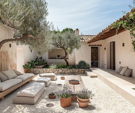 This courtyard is a slice of paradise. Surrounded by nature and simple design, it’s a space that invites you to slow down and soak in the beauty around you. The blend of sunlight, shade, and greenery creates a peaceful retreat where time seems to stand still. #MediterraneanLiving #OutdoorOasis #SimplePleasures #SlowLiving #CourtyardDesign #NatureInspired #PeacefulRetreat #RusticCharm #MindfulLiving #SereneSpaces #SunlitAfternoons #GardenSanctuary #OpenAirLiving #RelaxAndUnwind #timelessdesig... Desert Backyard, Mediterranean Garden Design, Mediterranean Living, Desert Living, Courtyard Design, Artsy Design, Slow Living, Outdoor Oasis, Simple Pleasures