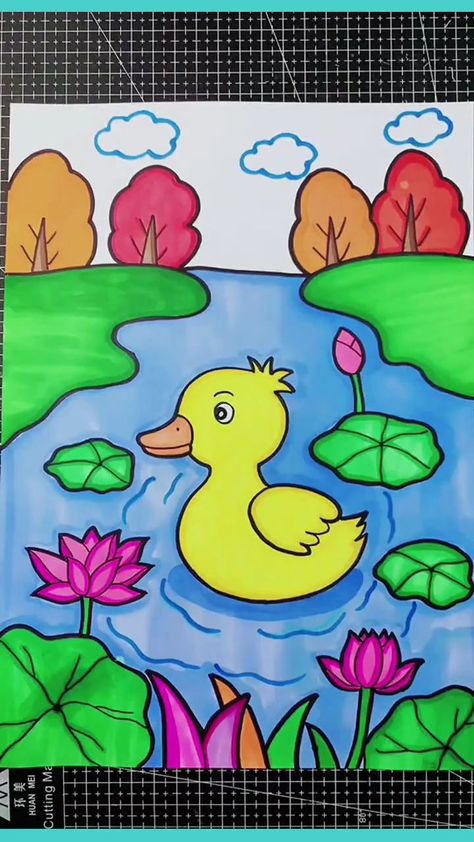 Cute Duck Drawing, Bird Drawing For Kids, Easy Painting For Kids, Basic Drawing For Kids, Easy Pencil Drawing, Scenery Drawing For Kids, Easy Scenery Drawing, Hand Art Kids, Different Kinds Of Flowers