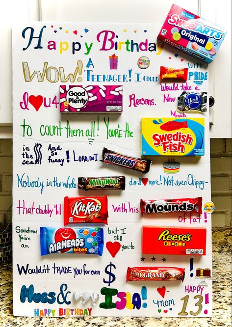 Candy Posters Birthday, 13 Birthday Candy Poster, Candy Message Board For Birthday, Candy Signs Poster, Candy Poster Board Birthday, Happy Birthday Candy Poster, Birthday Candy Board, 13th Birthday Gift Ideas, Birthday Candy Grams