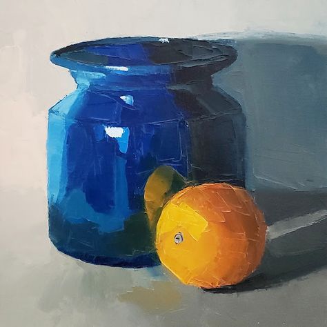 Oil painting of a blue vase and an orange against a gray background. Still Life Orange Painting, Small Still Life Paintings, Blue Still Life Painting, Still Life Oil Painting Fruit, Impressionist Still Life Paintings, Abstract Still Life Painting Acrylics, Simple Still Life Painting, Acrylic Still Life Paintings, Easy Oil Painting Ideas