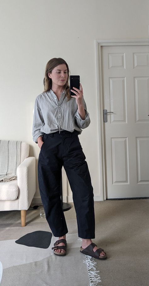 Striped Margaret Howell shirt with navy Studio Nicholson barrel-leg trousers and Birkenstock Arizona sandals Leg Trousers Outfit, Danish Street Style, Cos Trousers, Loafers Outfits, Balloon Trousers, Birkenstock Outfit, Trousers Outfit, Leg Pants Outfit, Trouser Outfit