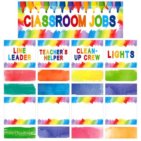 PRICES MAY VARY. 【Rainbow Class Jobs Chart Set for Classroom Decorations】: The class jobs bulletin board sets comes with 1 classroom jobs banner card,4pcs prefilled job cards,5pcs blank cards and 12pcs blank name tag,30pcs glue point dots.The quantity is enough to meet your classroom demand and brighten up the classroom bulletin board,very suitable for preschool kindergarten classroom decorations. 【Suitable Size】: The class jobs for classroom banner card measures 19.7" x 6.7", the work division Wall Bulletin Board, Classroom Job Chart, Classroom Job, Job Cards, Classroom Banner, Teacher Classroom Decorations, Kindergarten Classroom Decor, Class Jobs, Job Chart