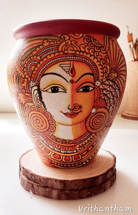 Arthanareeswara  on 6" clay pot, painted with acrylic Clay Pots Aesthetic, Aesthetic Visuals, Home Flower Decor, Pot Art, Pot Painting, Kerala Mural Painting, Clay Wall Art, Clay Wall, Africa Art