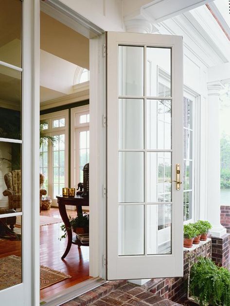 Patio Door Shutters, Single Patio Door, Exterior Doors With Sidelights, Exterior French Doors, Kitchen Door Designs, French Doors With Screens, Hinged Patio Doors, Cottage Patio, Sliding Doors Exterior