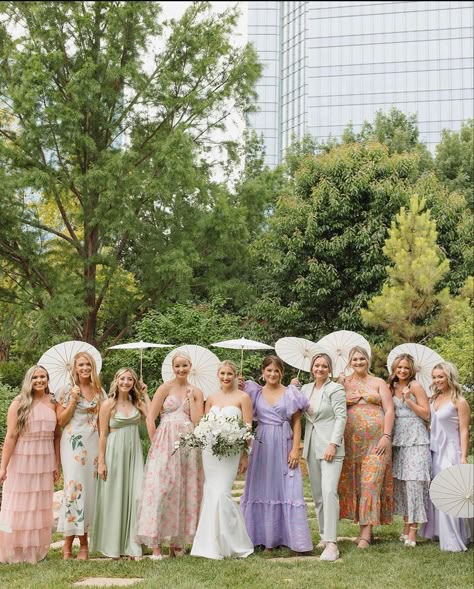 Garden Formal Bridesmaids, Pastel Wedding Dress Code, Pastel Garden Party Wedding, Pink And Blue Bridesmaid Dresses, Mismatched Bridesmaid Dresses Summer, Garden Party Attire Women, Garden Party Wedding Bridesmaid, Garden Party Bridesmaid Dress, Floral Bridesmaid Dresses Mismatched