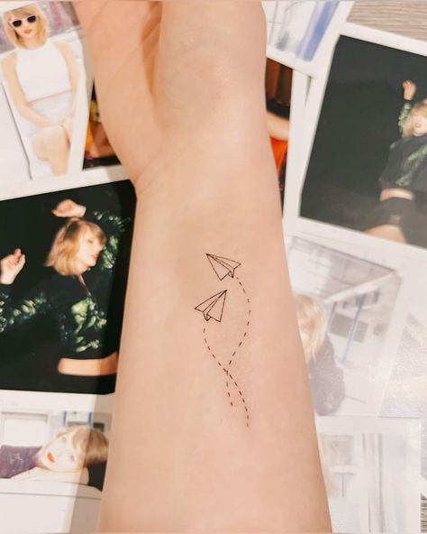 Two Paper Airplanes Tattoo, Best Friend Tattoos Paper Airplane, 2 Paper Airplane Tattoo, Two Paper Airplanes Flying Taylor Swift Tattoo, World With Plane Tattoo, Matching Paper Airplane Tattoo, Paper Planes Tattoo, Taylor Swift Tattoo Out Of The Woods, Fineline Airplane Tattoo