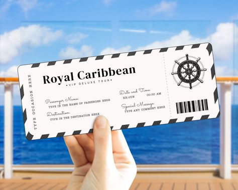 Add a stylish edge to your surprises and start each getaway with a smile with these cruise travel boarding passes! Each template is made to replicate an actual ticket. The design features a classy and elegant theme, with a touch of nautical flair. The text on each ticket can be edited to match the details of your trip. You are able to edit the names, time, date, and add a special message of your own to make your gift more intimate and personal.  Each template is customizable. You can mix and match the details on your template to suit your preference. Edit the information and find the perfect layout by adjusting certain elements like the font style and size, as well as the picture on each ticket to add a personal touch of style to the design! All these features are available on Templett.com Boarding Ticket, Cruise Tickets, Cruise Gifts, Elegant Theme, Boarding Passes, Ticket Template, Elegant Themes, Couple Gift, Cruise Travel