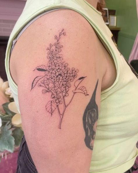 💖Amy McLain💖 on Instagram: "Gorgeous Lilacs!  Fun Fact: My favorite flower as a kid was a lilac because Unicorns live in the lilac woods! 🦄🪻 . . . . . . . #lilactattoo #flowertattoo #floraltattoo #botanicaltattoo #floralsleeve #finelinetattoo #armtattoo  #tattoo #tattooartist #losangelestattooartist #losangelestattoo #supersweettattoo #tattooideas #echoparktattoo" Lilac Tree Tattoo, Lilac Flower Tattoo, Lilac Branch, Lilac Wine, Wine Tattoo, Lilac Tattoo, Los Angeles Tattoo, Evil Eye Tattoo, Lilac Tree