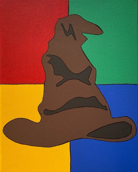 Harry Potter Sorting Hat Painting with Hogwarts House Colors Background Harry Potter Inspired Paintings, Easy Harry Potter Painting, Dibujo Harry Potter, Harry Potter Simple Painting, Harry Potter Christmas Art, Harry Potter Painting Ideas, Painting Harry Potter Easy, Harry Potter Painting Ideas Easy, Hogwarts Painting Easy