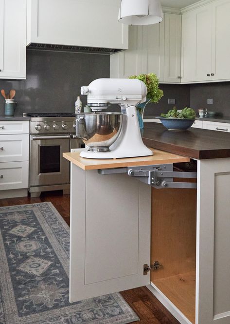 Where to Stash the Stand Mixer in Your Kitchen Mixer Drawer Kitchen, Kitchenaid Stand Mixer In Kitchen, Under Counter Mixer Storage, Kitchenaid Mixer Stand, Kitchenaid Stand Mixer Storage, Kitchenaid Mixer Storage Ideas, Kitchen Island With Mixer Lift, Kitchen Aid Mixer Storage, Kitchenaid On Counter