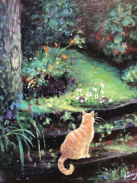 To go or not to go? It's one step up and two steps down for Leon the Neon Cat. But what lies ahead for an orange cat, at the foot of the enchanted forest? An Original painting in acrylic from The Cat Collection series. Cat Landscape Painting, Cat In Forest Drawing, Enchanted Forest Painting Acrylic, Painting Cats Acrylic, Cat Painting Aesthetic, Forest Aesthetic Painting, Orange Cat Wallpaper, Orange Cat Drawing, Cat Painting Ideas