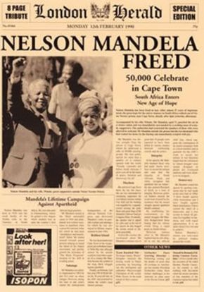 1990 Nelson Mandela was a South African anti-apartheid revolutionary politician. Apartheid was a system of racial segregation in South Africa enforced through legislation by the National Party Working as a lawyer, he was repeatedly arrested for seditious activities served 27 years in prison,An international campaign lobbied for his release, which was granted in 1990. Mandela joined negotiations with President F. W. de Klerk to abolish apartheid and establish multiracial elections in 1994, Freedom Day South Africa, Nelson Mandela Art, Activist Art, Newspaper Headlines, Ad Campaigns, Up Book, Nelson Mandela, African History, History Facts