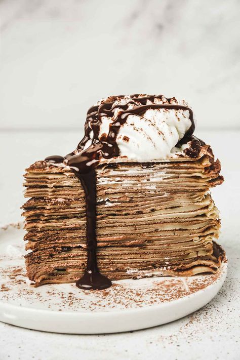 Chocolate Crepe Cake, Brioche Cinnamon Rolls, Chocolate Mascarpone, Crepe Cake Recipe, Mascarpone Filling, Cinnamon Rolls From Scratch, Chocolate Crepes, Milk Chocolate Ganache, Dessert Station