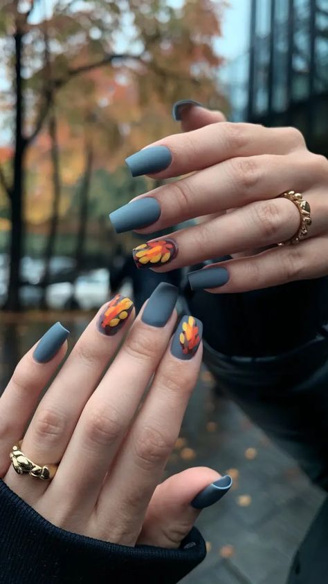 40 Blue Fall Nails Designs You'll Want to Try in 2024 Grey Green Nails, Blue Fall Nails, Fall Nails Designs, Blue Polish, Blue Nail Designs, Orange Leaf, Fall Nail Colors, Fall Nail, Icy Blue