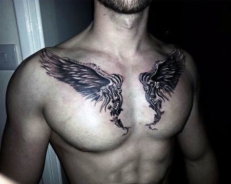 The Best Collar Bone Tattoos for Men Tattoo Designs On Chest, Chest Tattoo Angel, Angel Wings Chest Tattoo, Chest Tattoo Wings, Collar Bone Tattoo For Men, Wing Tattoo Men, Clavicle Tattoo, Small Chest Tattoos, Wing Tattoo Designs