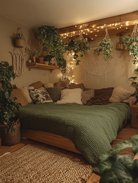 Transform your bedroom into a cozy haven with soft blankets, lush greenery, and warm fairy lights. This natural, boho-inspired design creates the perfect restful retreat. Time to refresh your home vibes with simple, calming touches! 🪴✨ #BedroomRefresh #CozyVibes #HomeDecor Basement Room Ideas Aesthetic, Cottage Vibe Bedroom, Rainforest Room Ideas, Vibey Apartment Bedroom Aesthetic, Jungle Bedroom Aesthetic, Rich Bedroom Aesthetic, Rainforest Bedroom Ideas, Home Bedroom Refresh, Rainforest Bedroom