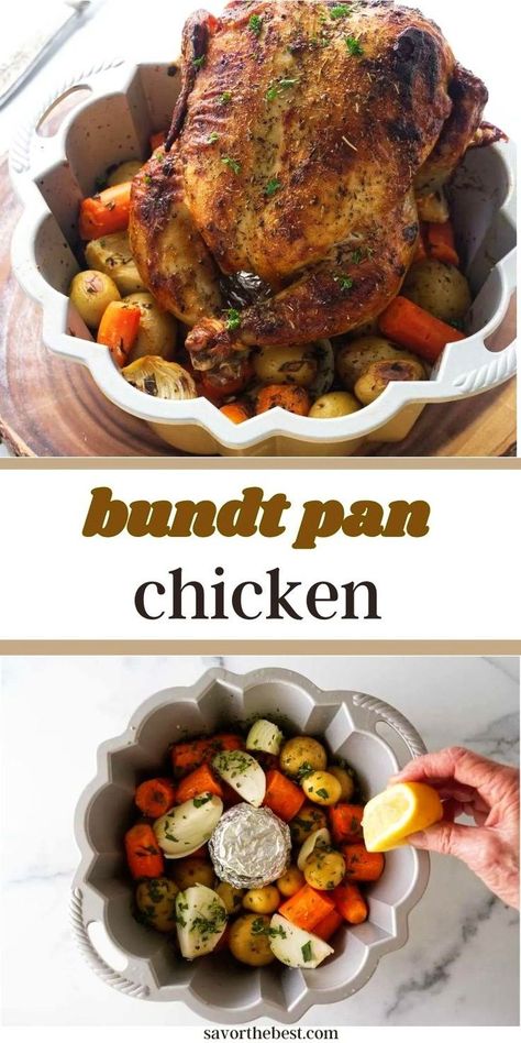 Try this easy bundt pan chicken recipe for a rotisserie-style dinner with juicy, tender meat and perfectly roasted vegetables. As the chicken bakes upright, the delicious juices drip down onto a bed of potatoes and veggies, infusing them with incredible flavor. A simple and flavorful meal all in one pan! Bundt Pan Chicken, Smoked Beer Can Chicken, Chicken Bakes, Potatoes And Veggies, Chicken With Vegetables, Tender Meat, Pasta Side Dishes, Pasta Sides, One Pan Dinner