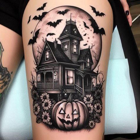 Halloween Scene Tattoo, Horror Themed Tattoos, Spooky Flash, Haunted House Tattoo, Creepy Haunted House, Horror Sleeve, Halloween Tattoos Sleeve, Maching Tattoos, Scene Tattoo