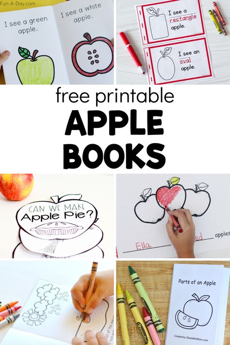 10 free printable apple books for preschoolers and kindergarten kids. Perfect for your next apple theme or as part of your fall lesson plans. Explore important early learning concepts like colors, high frequency words, shapes, life cycles, and more! Click on the Fun-A-Day.com link for more information. Free Apple Printables For Preschool, Apple Life Cycle Printable Free, Apple Theme Kindergarten, Apple Literacy, Preschool Apples, Apple Word, Apple Week, Preschool Apple Theme, Books For Preschoolers