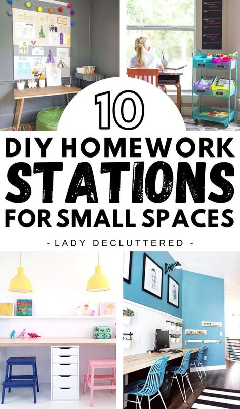 If you only have a small space to work with, there are still dozens of amazing DIY homework stations that your kids will love. From simple and bright, to fun and colorful there are some amazing ideas floating around for creative DIY homework stations. #ladydecluttered #homeworkstation #diyhomeworkstation #kidshomeworkarea #kidsdeck #howtocreateahomeworkstation #howtoorganizekidsschoolsupplies #schoolsupplyorganization #homeworkorganization Homework Station Diy, Homework Corner, Kids Study Room Ideas, Kids Homework Area, Kids Study Spaces, Kids Study Area, Kids Homework Station, Homework Space, Homework Desk