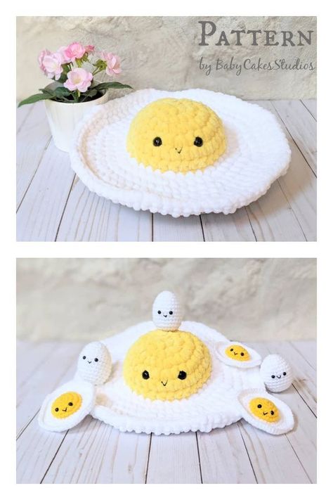 Fried Egg Amigurumi Free Pattern, Cute Easy Crochet Projects Free, Crochet Egg Plush, Crochet Egg Pattern Free Amigurumi, Crochet Egg Amigurumi, Fried Egg Amigurumi, Crochet Fried Egg Pattern, Crochet Sunny Side Up Egg, Free Egg Crochet Pattern