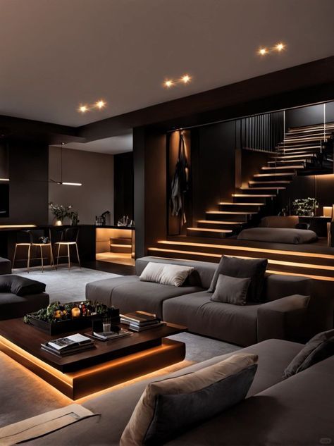 Modern Elegance Interior Design, Black And Brown Modern House, Basement Recreation Room Ideas, Black Themed House Interior, Basement Ideas Aesthetic, Ultra Modern Homes Interiors, Dream House Features, Modern House Ideas Interior, Hall Room Ideas