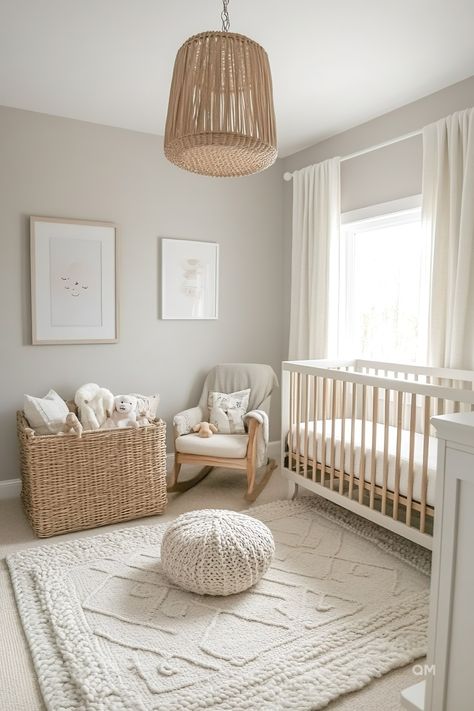 Elegant nursery design with neutral tones. Cozy baby room featuring mixed wood furniture, beige accents, and a plush rug. Ideal for gender-neutral themes. Baby Room Ideas Neutral, Nursery Ideas Gender Neutral, Elegant Baby Nursery, Neutral Nursery Ideas, Nursery Paint Colors, Beige Nursery, Gallery Wall Ideas, Idee Babyshower, Baby Room Neutral