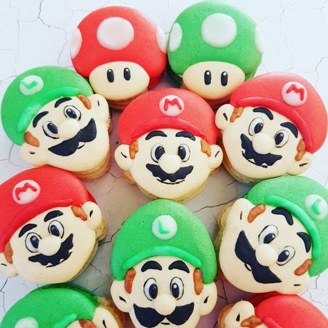 Mario Macarons, Luigi Cookies, Luigi Cupcakes, Fun Macarons, Parisian Macarons, Mario Brothers Birthday Party, Mario Birthday Cake, Holey Moley, French Macaroons