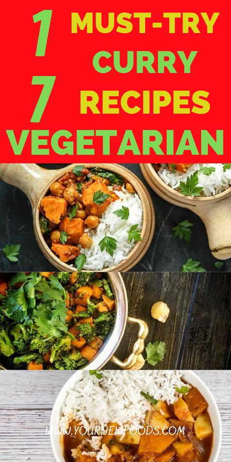 17 Must-Try Vegetarian Curry Recipes. Do you love curry? if so, here are 17 delicious veggie curry recipes for you to try. Let us know which recipes are your favorites Ministry Of Curry Recipes, Veggie Curry Recipes, Vegetarian Curry Recipes, Ministry Of Curry, Vegetarian Main Meals, Veggie Curry, Curry Recipes Vegetarian, Indian Recipes Authentic, Sweet Potato Curry