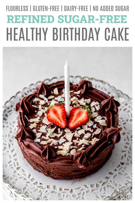 This healthy refined sugar-free birthday cake is ultra moist, naturally sweetened with fruit, and has delicious chocolate peanut butter flavours in every bite! Perfect for a toddler or baby’s first birthday cake, or anytime you want to serve a healthier, but still rich, fudgy and decadent cake! {Gluten-free, Dairy-free, Paleo & Vegetarian} Birthday Cake Healthy, Fruit Sweetened Cake, Healthier Birthday Cake, Healthy Cake Frosting, No Sugar Birthday Cake, Low Sugar Birthday Cake, First Birthday Cake Chocolate, Healthy Easy Birthday Cake, Sugar Free Birthday Cake