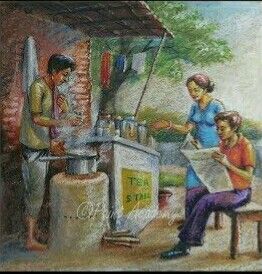 Tea Stall Sketch, Tea Stall Drawing Composition, Tea Stall Drawing, Nid Preparation, Stall Drawing, Diwali Homework, Drawing Composition, Figure Composition, Tea Stall