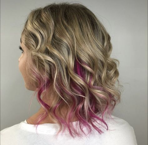 Blonde With Hot Pink Peekaboo, Pink Peekaboo Highlights Short Hair, Blonde Hair With Vivid Peekaboo, Pink Under Highlights, Hidden Hair Color Peekaboo Highlights, Pink Peekaboo Highlights Blonde, Blonde With Pink Peekaboo, Pink Peekaboo Highlights Brunette, Hot Pink Highlights In Blonde Hair