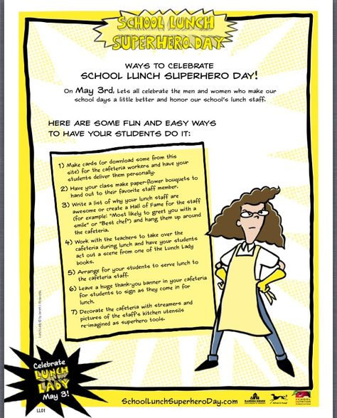 Download a handy dandy PDF for School Lunch Superhero Day! Activities, cards and celebration tips for May 3rd! http://www.schoollunchsuperheroday.com/slshdactivityguide.pdf Lunch Lady Appreciation, School Lunch Hero Day, Pta Teacher Appreciation, Cafeteria Lunch, Superhero Day, Kindness Club, High School Class Reunion, School Nutrition, Pta School