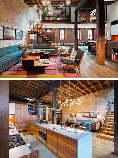 Architect Andrew Franz has transformed the top floor and roof of an 1884 caviar warehouse, into a contemporary open plan residence in New York. Warehouse Apartment, Warehouse Living, Warehouse Loft, Warehouse Home, Loft House, Loft Living, Top Floor, Loft Design, Industrial Loft