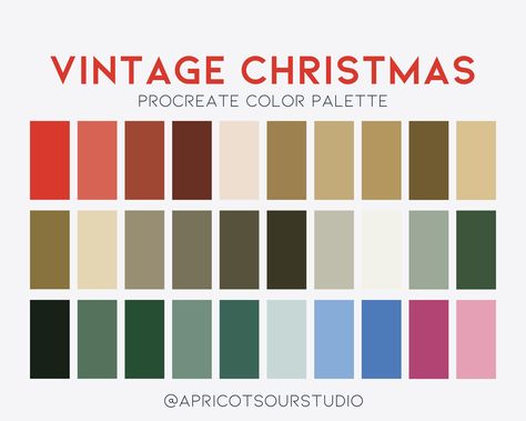 *DIGITAL DOWNLOAD* Elevate your digital artwork this holiday season with our Vintage Christmas Procreate Color Palette. This carefully curated set of vibrant and vintage colors will infuse your designs with a festive feel, perfect for creating eye-catching Christmas-themed illustrations, cards, and more. Whether you're an experienced digital artist or just getting started, this palette will add a touch of holiday magic to your Procreate creations. These colors are designed to work harmoniously t Vintage Christmas Colour Palette, Vintage Christmas Palette, Traditional Christmas Color Palette, Retro Christmas Color Palette, Vintage Christmas Color Palette, Festive Color Palette, Vintage Procreate, Christmas Colour Palette, Christmas Procreate