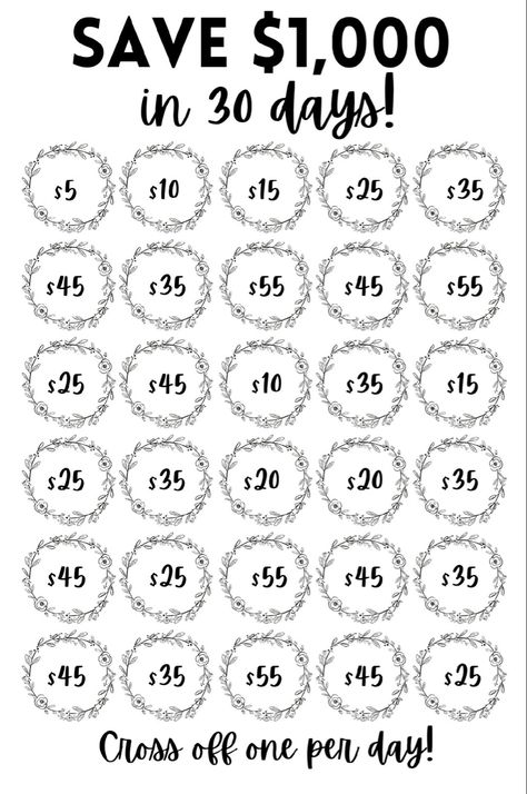 1000 In 30 Days Free Printable, Save 1000 In 30 Days, 1000 In 30 Days, Save 1000, Saving Money Chart, Saving Methods, Budget Challenge, Money Template, Money Chart