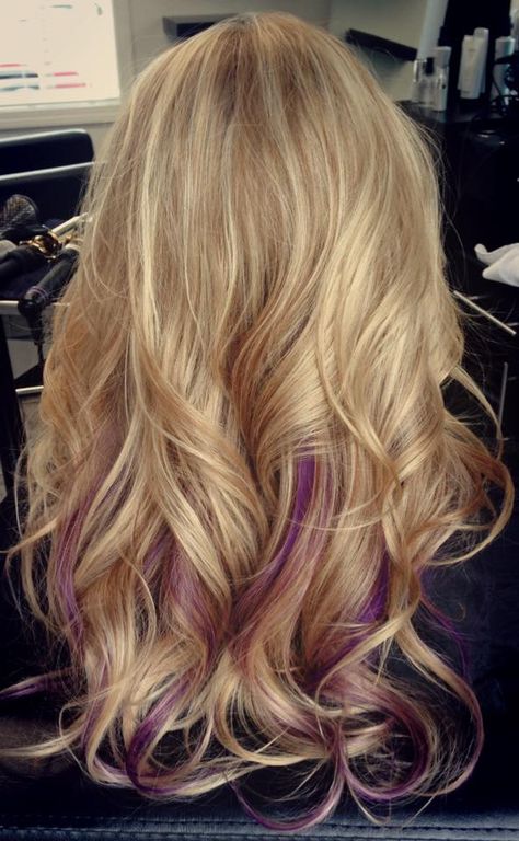 Blonde with a pop of purple                                                                                                                                                                                 More Peekaboo Streaks, Purple Highlights Blonde Hair, Dark Hairstyles, Highlights Purple, Purple Blonde, Lavender Highlights, Peekaboo Hair, Highlights Blonde, Purple Highlights