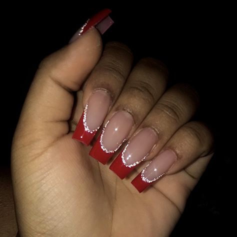 Red French Tips With Glitter, French Tips With Glitter, Red French Tips, Red Tip Nails, Red And Silver Nails, Short Red Nails, Prom Nails Red, Red Nails Glitter, Glitter French Tips