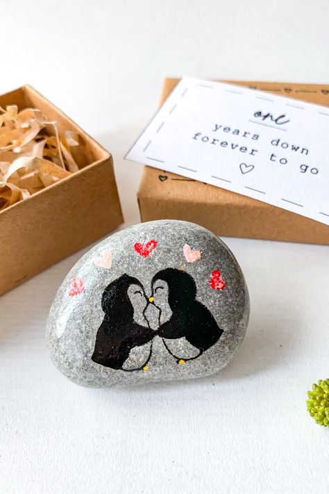 penguin pebble 1st anniversary gift for husband, wife  - hand painted pebble Anniversary Gift Diy For Him, Painting For Anniversary Gift, 1 Year Anniversary Drawing Ideas, 1 Year Anniversary Painting, 1 Year Anniversary Gift Ideas For Bf, 1st Year Anniversary Gift Ideas, First Year Anniversary Gift Ideas, 1st Year Anniversary Gift Ideas For Him, 2 Year Anniversary Ideas