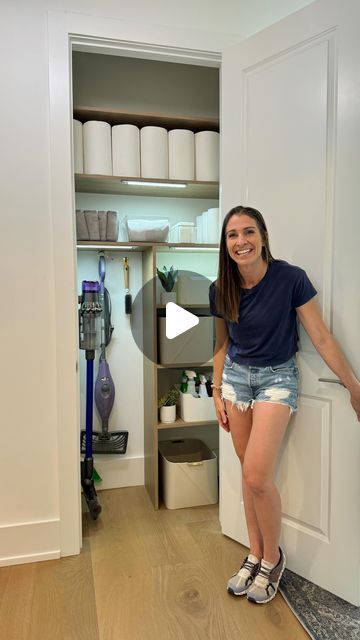 Lindsay Dean | DIY 👑 on Instagram: "Turns out a fancy broom closet doesn’t magically make you love cleaning 🤷🏻‍♀️ but it does make me happy that I quadruped the amount of storage in here and everything has a place!  The fancy hooks, lights and baskets also make me smile so overall it’s a huge win! 🤩👏🏼. Do you love cleaning or not so much? 😜" Broom And Mop Storage Ideas Small Spaces, Mop And Broom Storage Ideas, Diy Broom Closet, Mop Closet, Broom Closet Organization, Broom Closet Organizer, Converted Closet, Cleaning Closet Organization, Broom Storage